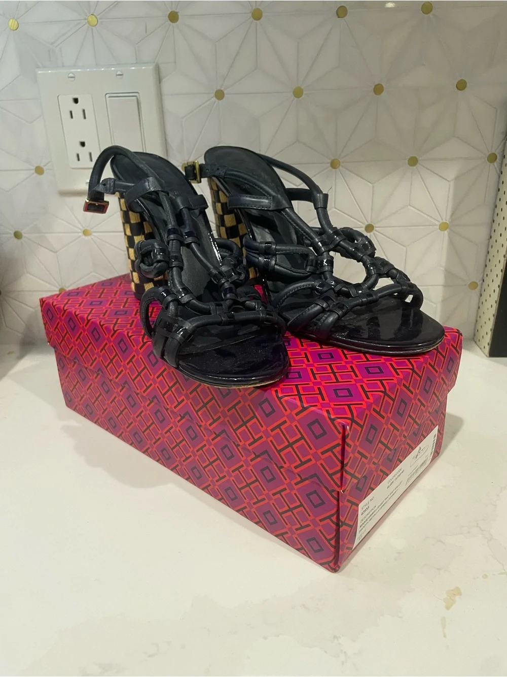 Tory Burch Black Heeled Sandals with Gold & Black Checkerboard Block Heel